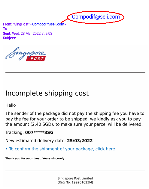 Emails sent from non-singpost.com domains